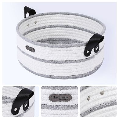 1 Pack Woven Storage Basket, Shelf Closet Storage Bin with Leather Handles for Desk, Home Decor
