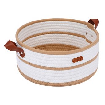 1 Pack Woven Storage Basket, Shelf Closet Storage Bin with Leather Handles for Desk, Home Decor