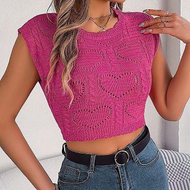 Womens Crochet Sweater Sleeveless Lightweight Summer Pullover Cable Knit Tops with Cap Sleeve