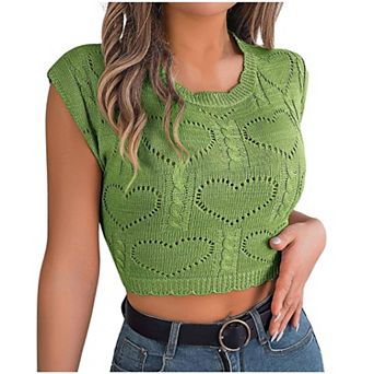 Womens Crochet Sweater Sleeveless Lightweight Summer Pullover Cable Knit Tops with Cap Sleeve