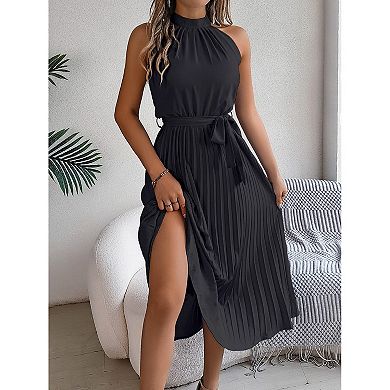 Women's Sleeveless Halter Neck Pleated Midi Cocktail Dresses A Line Flowy Sun Dress with Belt