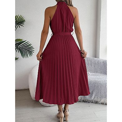 Women's Sleeveless Halter Neck Pleated Midi Cocktail Dresses A Line Flowy Sun Dress with Belt