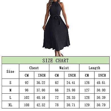 Women's Sleeveless Halter Neck Pleated Midi Cocktail Dresses A Line Flowy Sun Dress with Belt