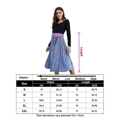 Women's High Waist Pleated Maternity Skirt Floral Printed A-Line Swing Midi Skirt