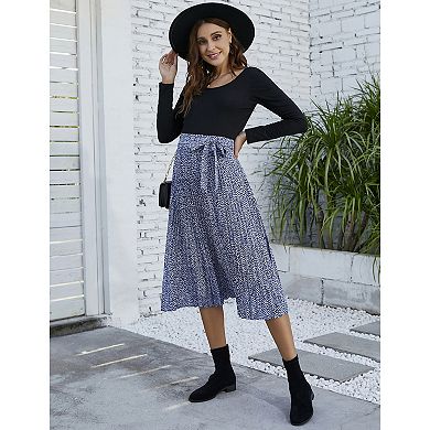 Women's High Waist Pleated Maternity Skirt Floral Printed A-Line Swing Midi Skirt