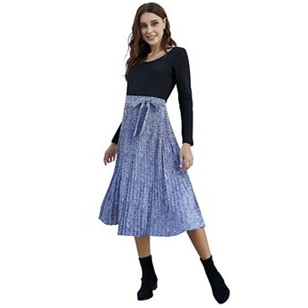 Women's High Waist Pleated Maternity Skirt Floral Printed A-Line Swing Midi Skirt