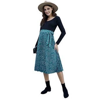 Women's High Waist Pleated Maternity Skirt Floral Printed A-Line Swing Midi Skirt