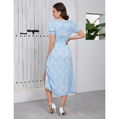 Women's Adjustable drawstring V Neck Short Sleeve Floral Dress Midi Dress With Slit