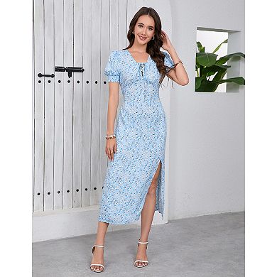 Women's Adjustable drawstring V Neck Short Sleeve Floral Dress Midi Dress With Slit