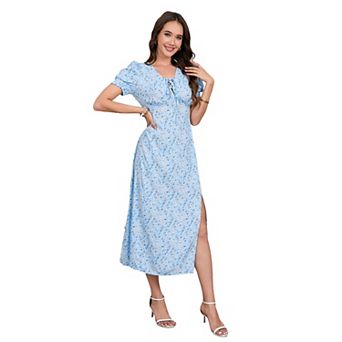 Women's Adjustable drawstring V Neck Short Sleeve Floral Dress Midi Dress With Slit