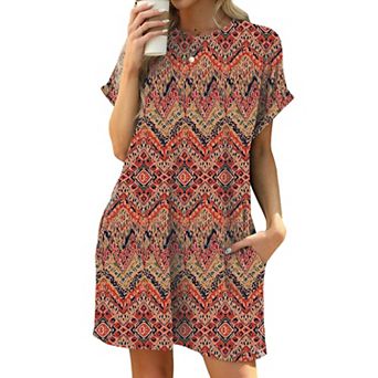 Women's Summer Casual T Shirt Dresses Short Sleeve Swing Floral Printed Dress With Pockets
