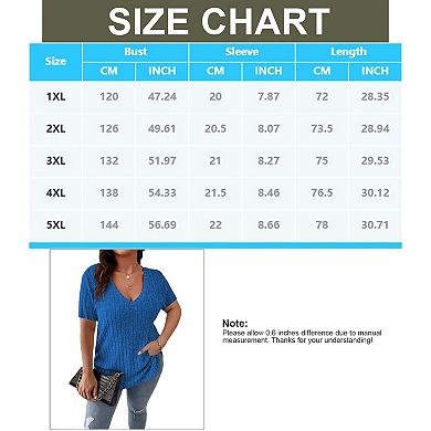 Women's Plus Size Casual Tops V Neck Solid Color Shirts Lightweight Short Sleeve Blouses