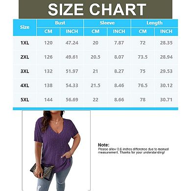 Women's Plus Size Casual Tops V Neck Solid Color Shirts Lightweight Short Sleeve Blouses