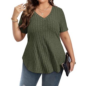 Women's Plus Size Casual Tops V Neck Solid Color Shirts Lightweight Short Sleeve Blouses