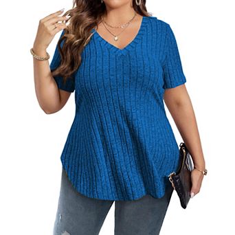 Women's Plus Size Casual Tops V Neck Solid Color Shirts Lightweight Short Sleeve Blouses