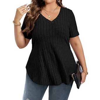 Women's Plus Size Casual Tops V Neck Solid Color Shirts Lightweight Short Sleeve Blouses