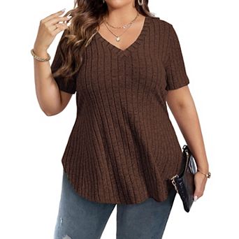Women's Plus Size Casual Tops V Neck Solid Color Shirts Lightweight Short Sleeve Blouses