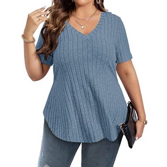 Women's Plus Size Casual Tops V Neck Solid Color Shirts Lightweight Short Sleeve Blouses