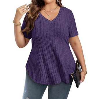 Women's Plus Size Casual Tops V Neck Solid Color Shirts Lightweight Short Sleeve Blouses