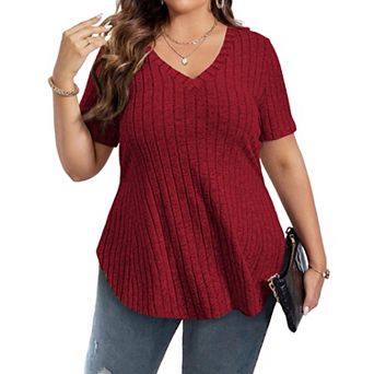 Women's Plus Size Casual Tops V Neck Solid Color Shirts Lightweight Short Sleeve Blouses