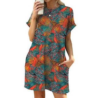 Women's Summer Casual T Shirt Dresses Short Sleeve Swing Floral Printed Dress With Pockets