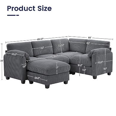 5-Seater Corduroy Sectional Sofa, Removable Ottoman, Modular Design