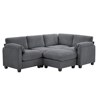 5-Seater Corduroy Sectional Sofa, Removable Ottoman, Modular Design