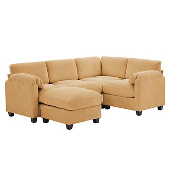 5-Seater Corduroy Sectional Sofa, Removable Ottoman, Modular Design