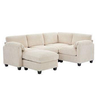 5-Seater Corduroy Sectional Sofa, Removable Ottoman, Modular Design