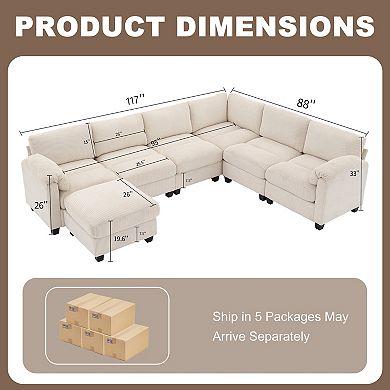 117" Conversible Corduroy Sectional Sofa with Ottoman, L-shaped Corner Couch for Living Room