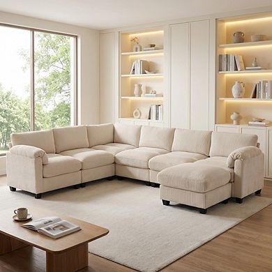 117" Conversible Corduroy Sectional Sofa with Ottoman, L-shaped Corner Couch for Living Room