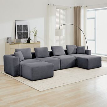 117" Conversible Corduroy Sectional Sofa with Ottoman, L-shaped Corner Couch for Living Room