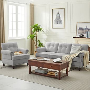 2 pc Chenille Retro Sofa Set, Include a 3-Seater Sofa and Single Sofa