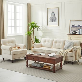 2 pc Chenille Retro Sofa Set, Include a 3-Seater Sofa and Single Sofa