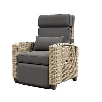 Outdoor Rattan Recliner Chair with Adjustable Backrest & Footrest, Air Pump, and Flip-Up Table, Grey