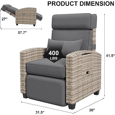 Outdoor Rattan Recliner Chair with Adjustable Backrest & Footrest, Air Pump, and Flip-Up Table, Grey