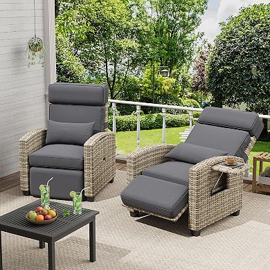 Outdoor Rattan Recliner Chair with Adjustable Backrest & Footrest, Air Pump, and Flip-Up Table, Grey