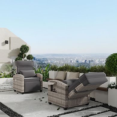 Outdoor Rattan Recliner Chair with Adjustable Backrest & Footrest, Air Pump, and Flip-Up Table, Grey