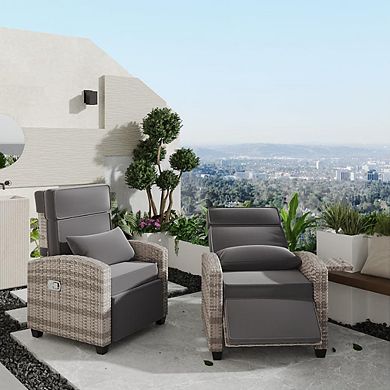 Outdoor Rattan Recliner Chair with Adjustable Backrest & Footrest, Air Pump, and Flip-Up Table, Grey