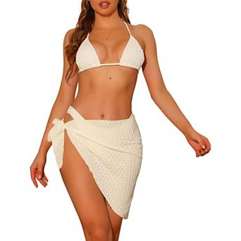 Women's Three Piece Halter Bikini Sets Swimsuits Sarong Cover-Ups Beach Skirt Suit