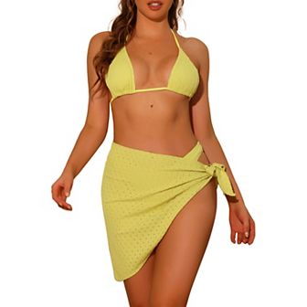 Women's Three Piece Halter Bikini Sets Swimsuits Sarong Cover-Ups Beach Skirt Suit