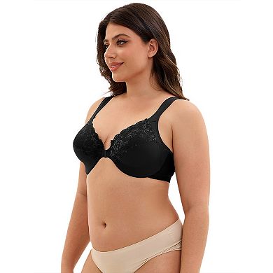 2 Packs Women's Front Closure Lace Trim Underwire Plunge Bras Plus Size Adjustable Straps Lingerie