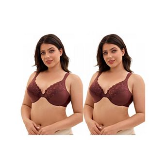 2 Packs Women's Front Closure Lace Trim Underwire Plunge Bras Plus Size Adjustable Straps Lingerie