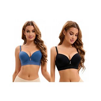 2 Packs Women's Lace Trim Push Up Underwire Bras Adjustable Straps Plus Cup Size Underwear
