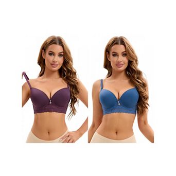 2 Packs Women's Lace Trim Push Up Underwire Bras Adjustable Straps Plus Cup Size Underwear