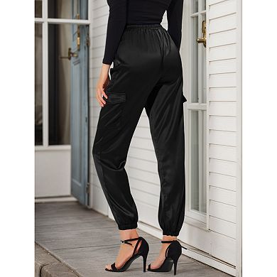 2 Packs Women's Drawstring Elastic High Rise Silky Satin Cargo Solid Pants