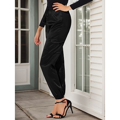 2 Packs Women's Drawstring Elastic High Rise Silky Satin Cargo Solid Pants