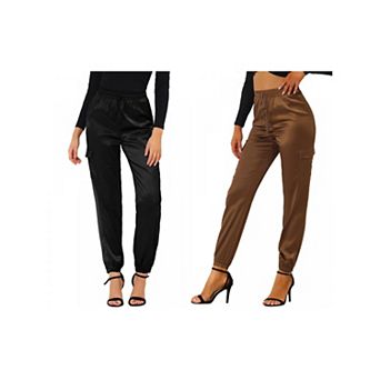 2 Packs Women's Drawstring Elastic High Rise Silky Satin Cargo Solid Pants