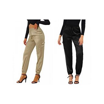 2 Packs Women's Drawstring Elastic High Rise Silky Satin Cargo Solid Pants