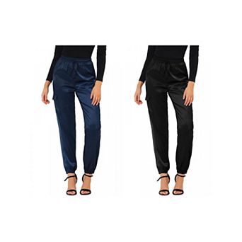 2 Packs Women's Drawstring Elastic High Rise Silky Satin Cargo Solid Pants